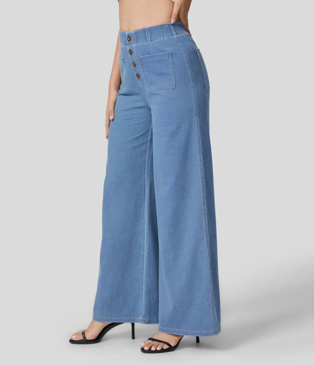 Magic High Waisted Button Multiple Pockets Washed Stretchy Knit Casual Wide Leg Full Length Jeans