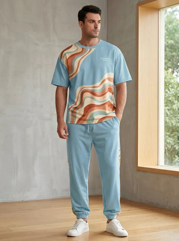 Men's Retro Aesthetic Wavy Striped Printed Casual Set