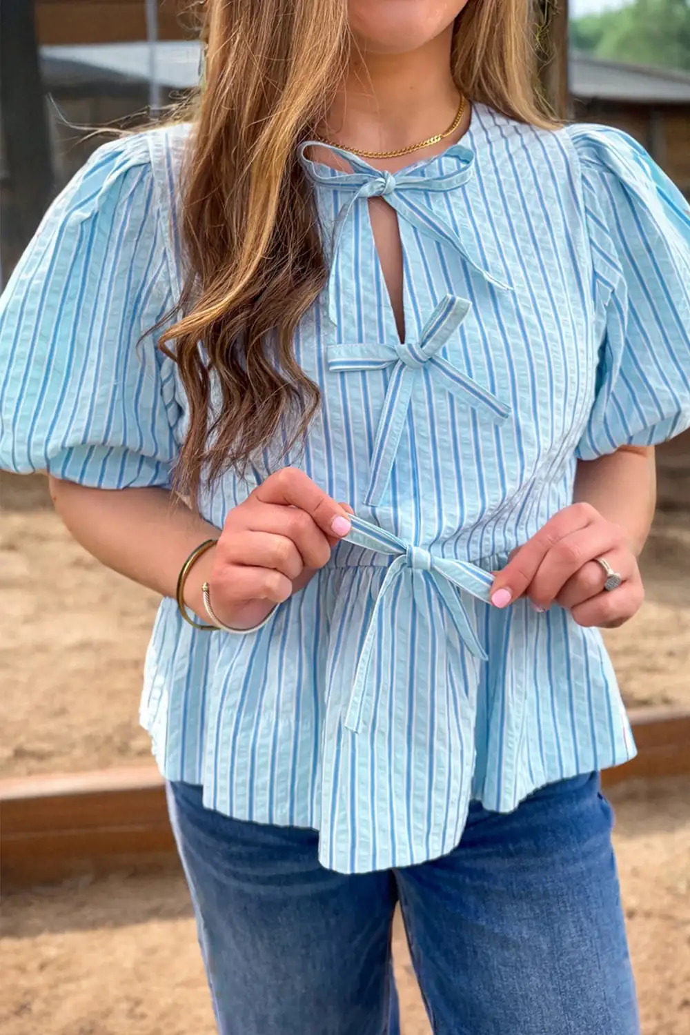 Women's Striped Textured Puff Sleeve Top
