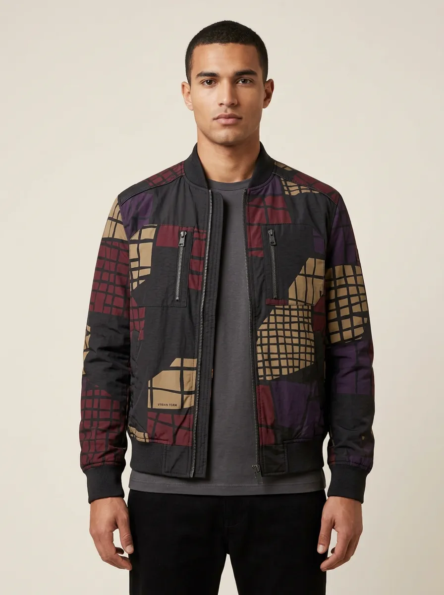 Patchwork Print Zippered Chest Pockets Bomber Jacket
