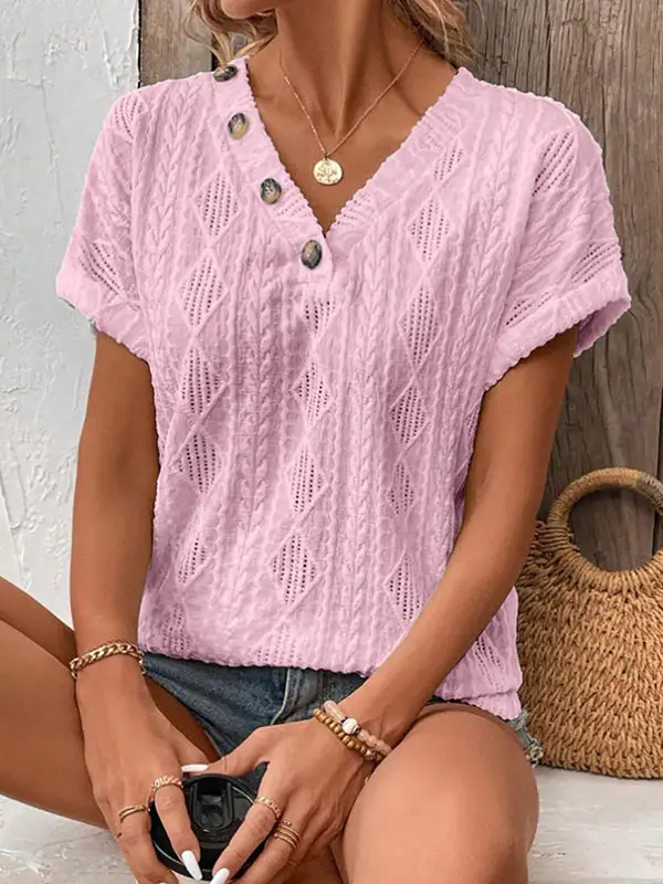 Relaxed Short Sleeve Button Detail V-Neck T-Shirt