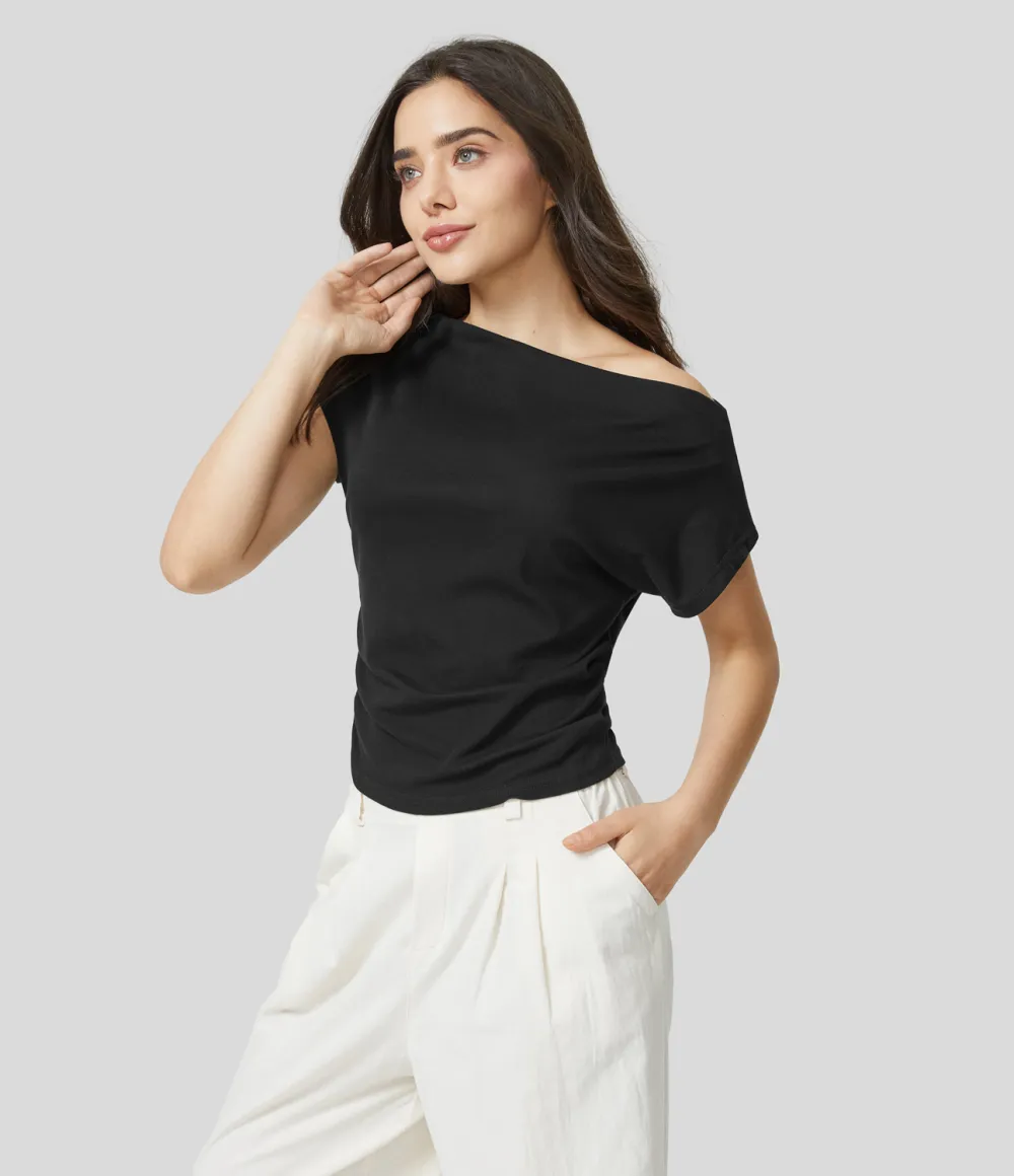 Off Shoulder Short Sleeve Ruched Casual Cotton Top