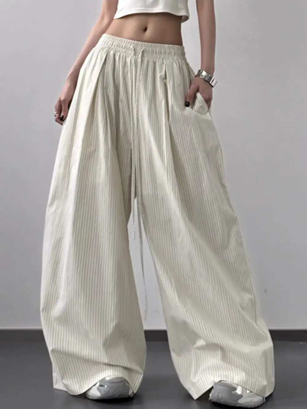 Textured Striped Wide Leg Drawstring Pants
