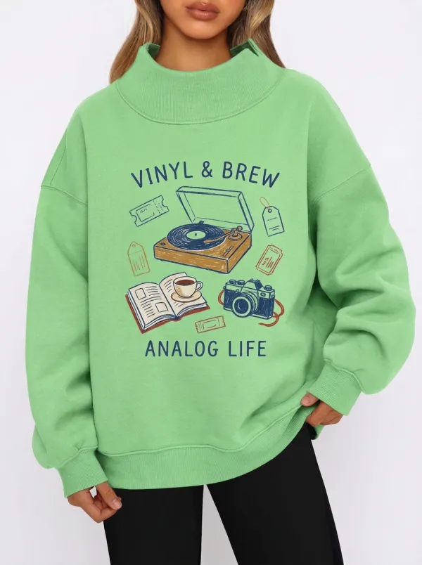 Women's Vinyl Record Coffee Camera Analog Life Printed Sweatshirt