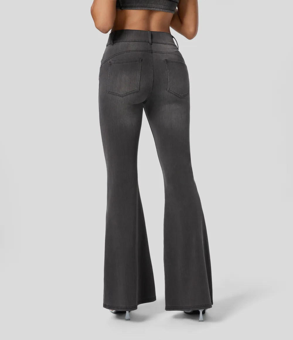 Magic High Waisted Multiple Pockets Stretchy Knit Denim Work Full Length Flare Leggings