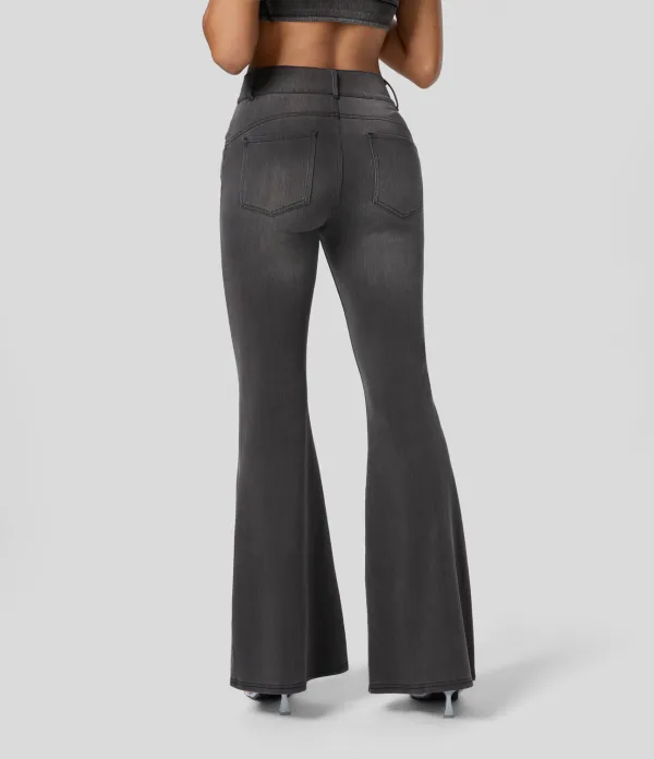 Magic High Waisted Multiple Pockets Stretchy Knit Denim Work Full Length Flare Leggings