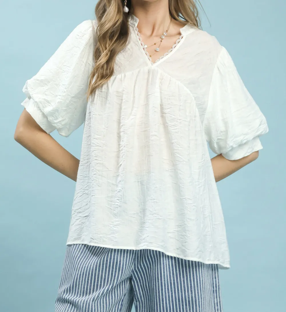 Textured Lace Trim V-Neck Boho Blouse