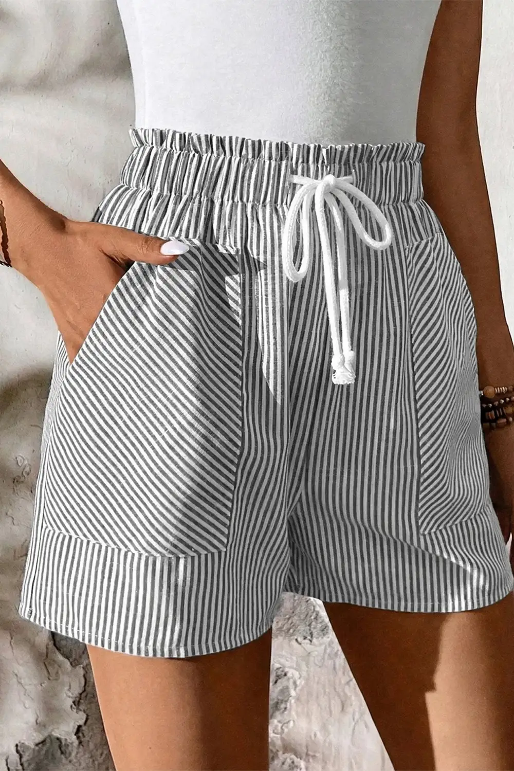 High-Waist Elastic-Waist Pocketed Cotton Casual Shorts