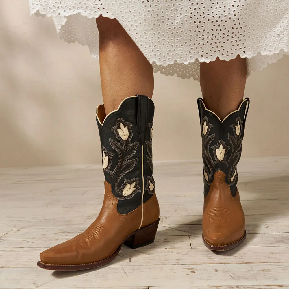 Faux-Leather Embroidered Floral Snip-Toe Mid-Calf Boots