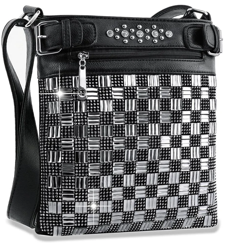 Crystal Accent Pocketed Checkerboard Faux Leather Crossbody Sling Bag