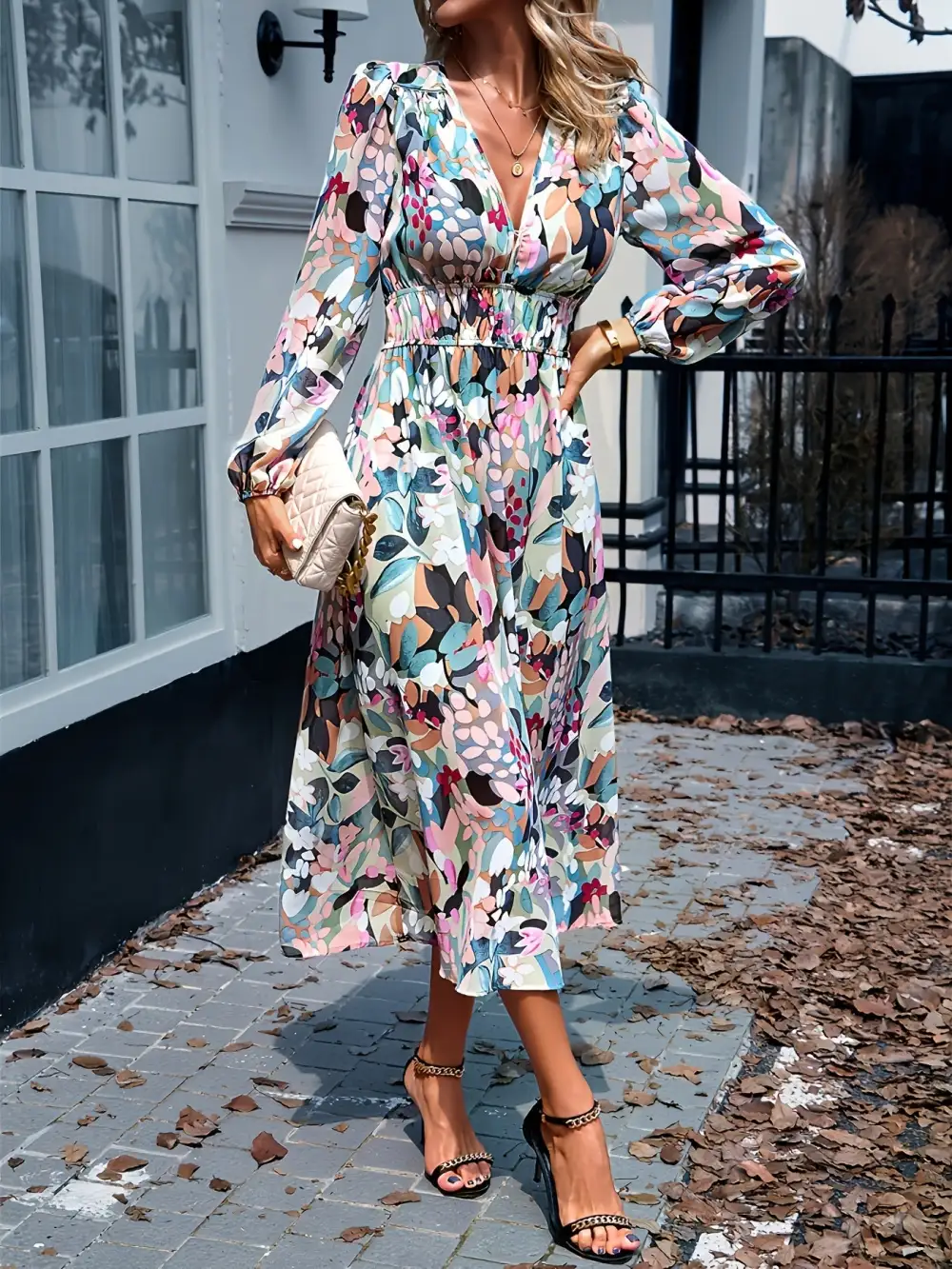Floral Printed Long Sleeve Midi Dress