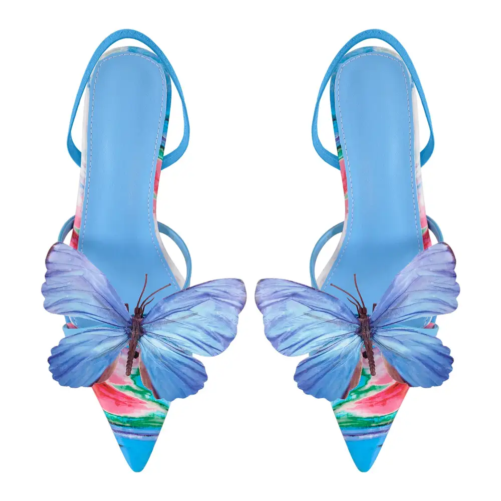 Butterfly Pointed Toe Slingback Kitten Heel Sandals