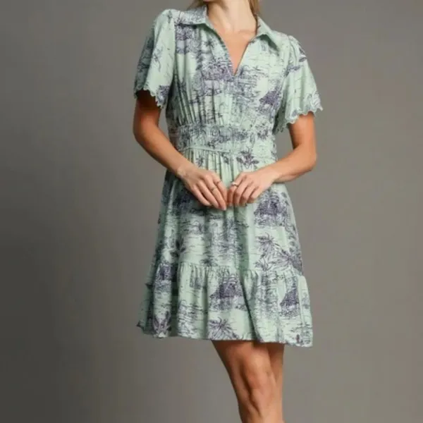 Landscape Print Collared Mini Dress