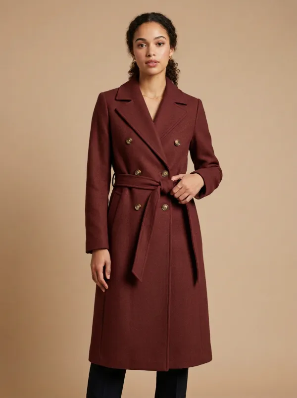 Women's Classic Camel Double-Breasted Belted Wool Trench Coat