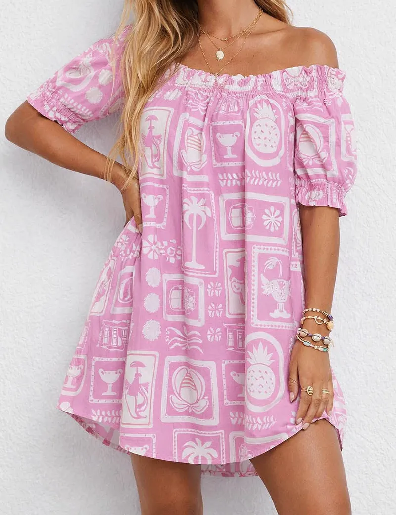 Boho Tropical Off Shoulder Babydoll Mini Dress