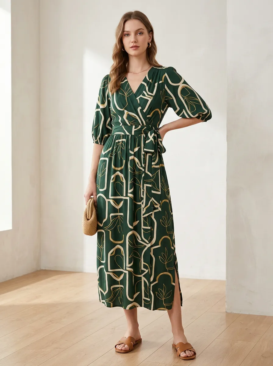 Women's Geometric Abstract Leaf Vintage Mood Wrap Printed Dress