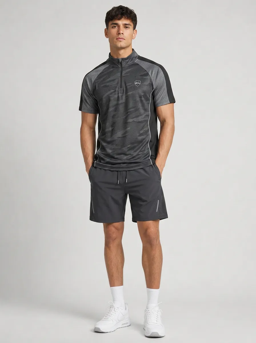 Men's Sporty Camo Pattern Printed Quarter-Zip Shorts Set