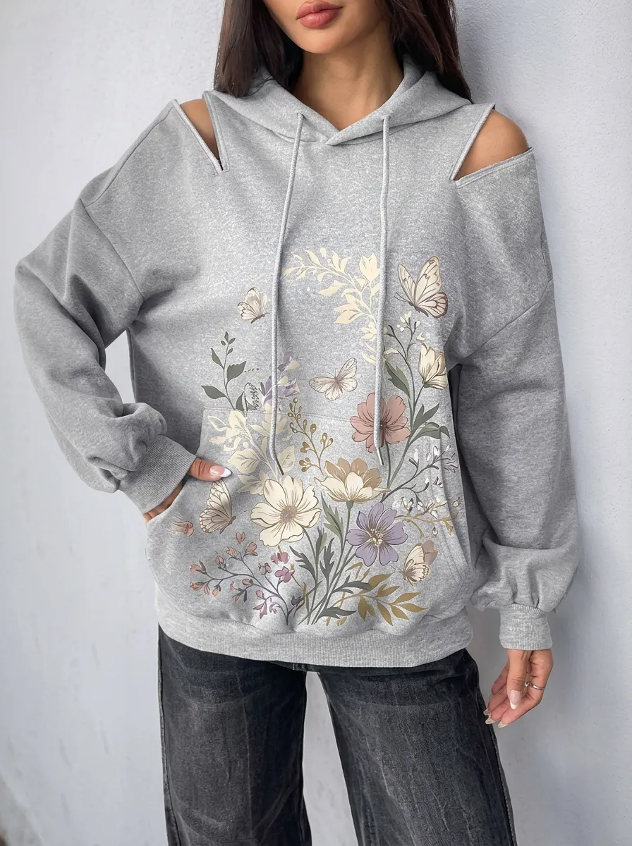 Women's Floral Butterfly Nature Lover Printed Cold Shoulder Hoodie
