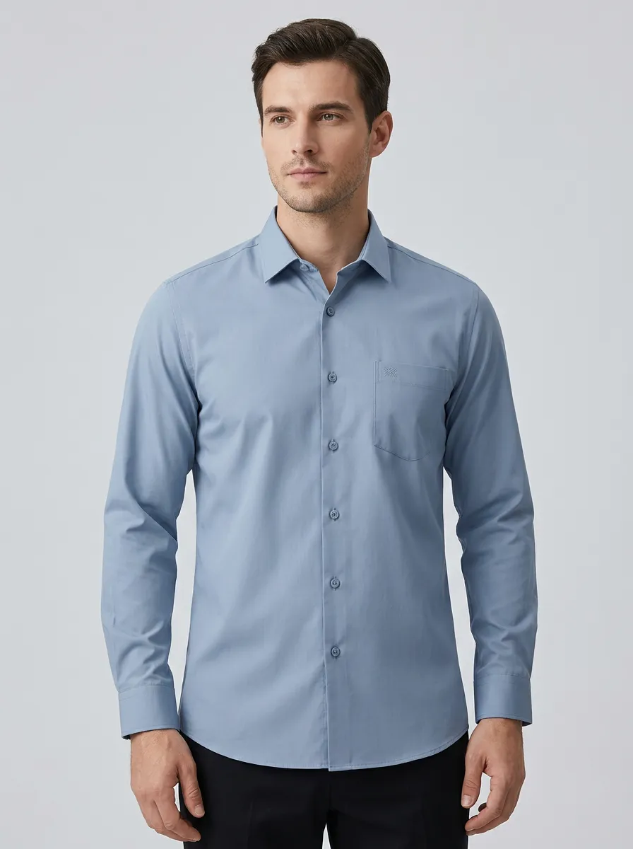 Men's Non-Iron Cotton Blue Solid Pocket Long Sleeve Shirt