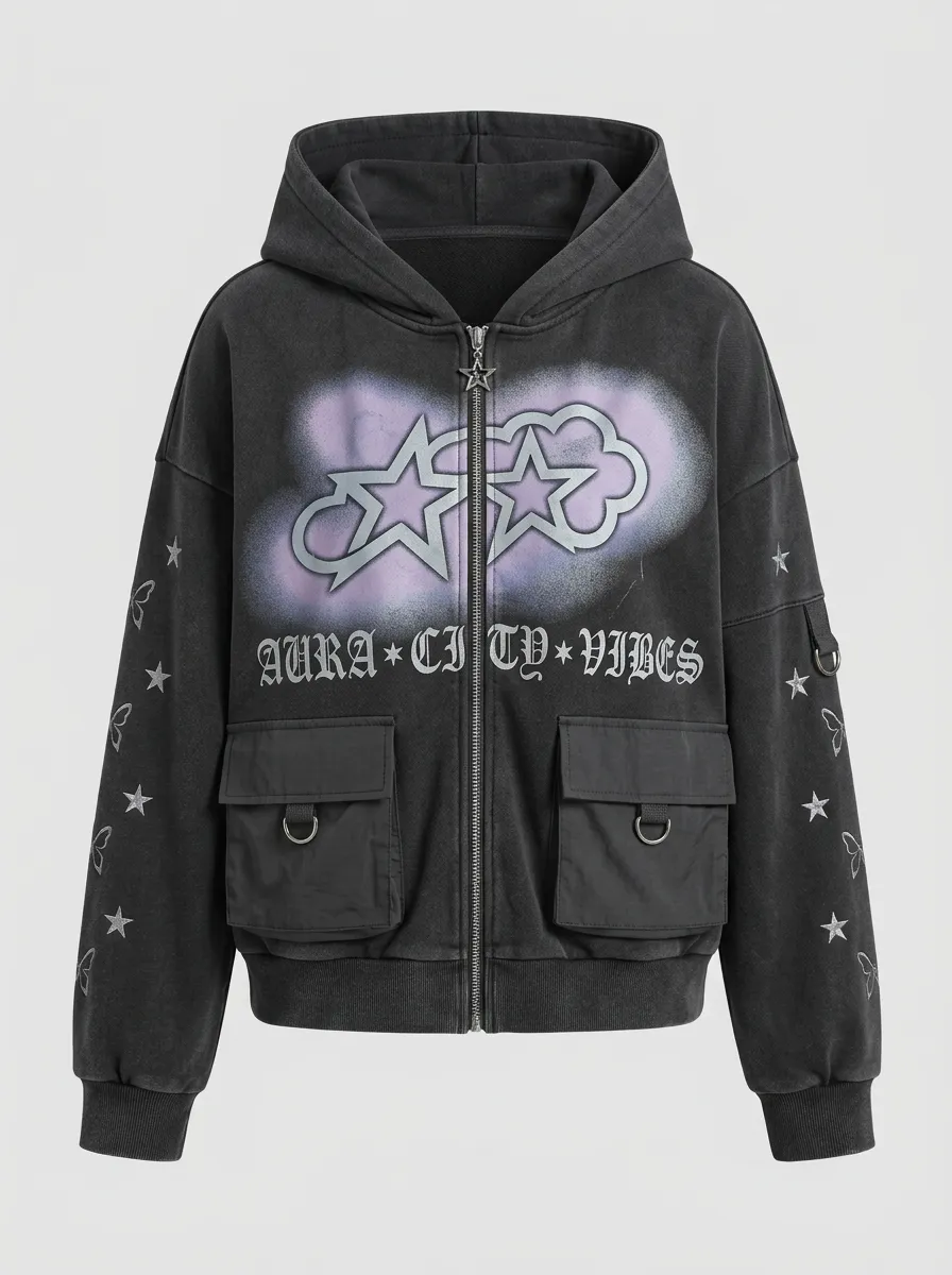Unisex Streetwear Aura City Star Graphic Printed Zip-up Hoodie
