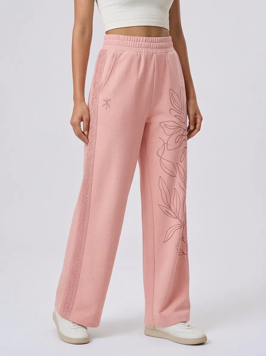 Women's Beige Botanical Line Art Wide-Leg Lounge Pants