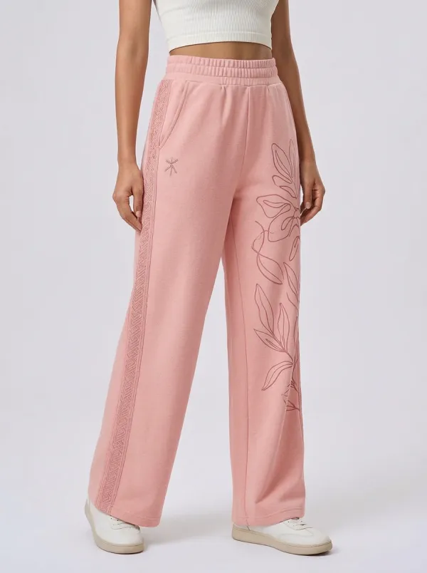 Women's Beige Botanical Line Art Wide-Leg Lounge Pants