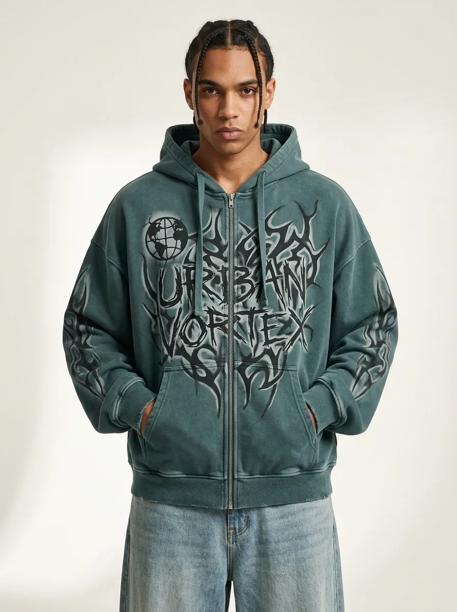 Men's Streetwear Urban Vortex Globe Tribal Printed Zip-up Hoodie