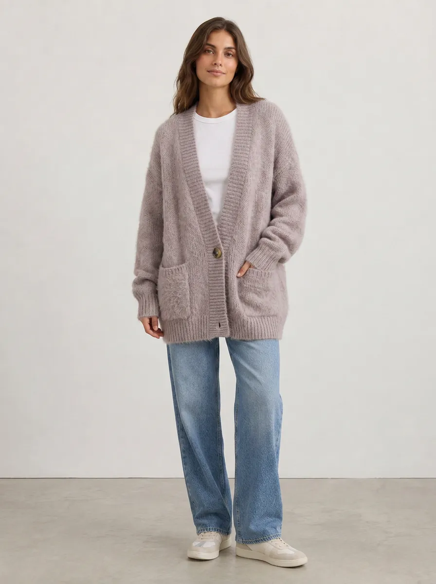 Women's Casual Minimalist Mauve Fuzzy Knit Cardigan