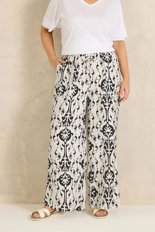 White Abstract Print Wide Leg Trousers detail 1