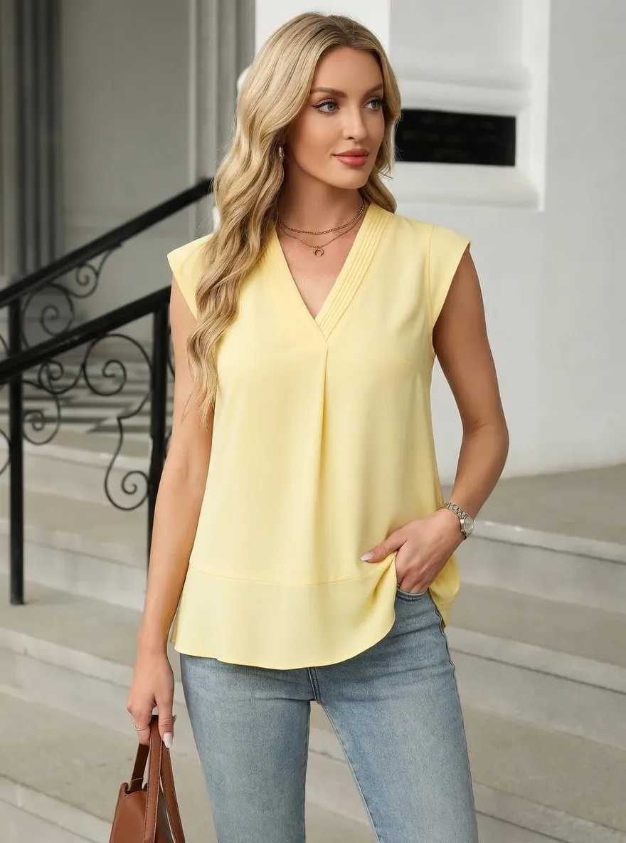 V-Neck Pleated Sleeveless Blouse