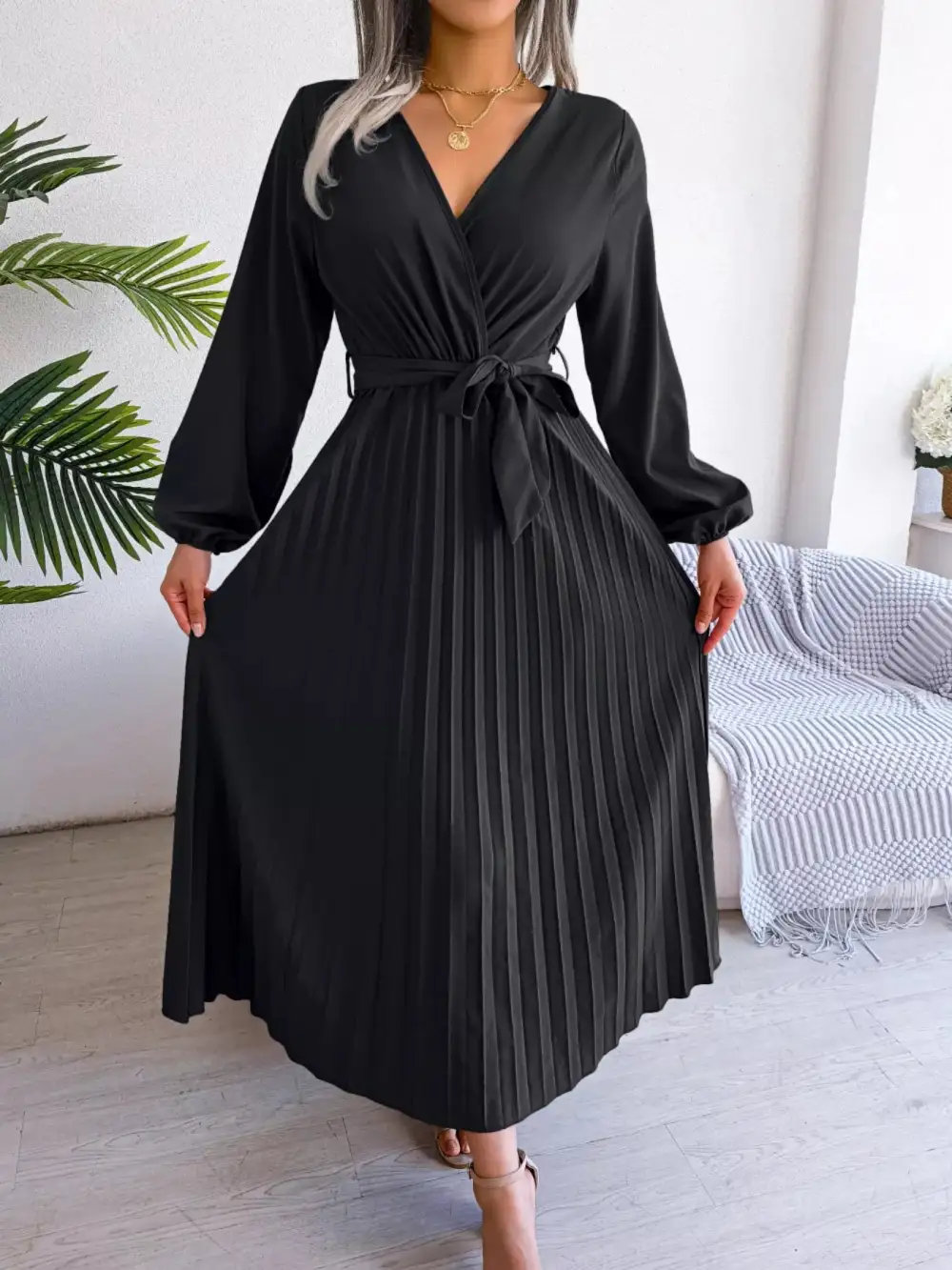 Pleated Long Sleeve Dress Casual