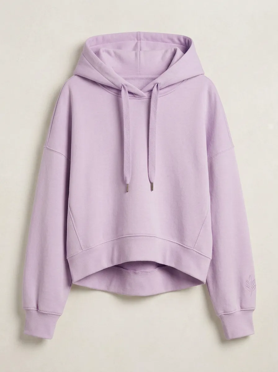 Women's Minimalist Solid Cream Leaf Embroidered Cropped Hoodie