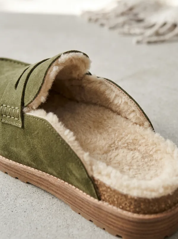 Women's Weekend Faux Fur Lined Suede Wood Sole Loafers