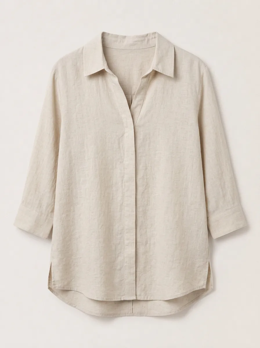 Women's Casual Beige Cotton Linen V-Neck 3/4 Sleeve Shirt