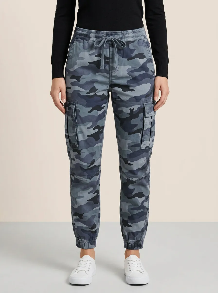 Women's Camouflage Mid-Rise Elastic-Waist Drawstring Flap-Pocket Reinforced-Knee Cargo Joggers