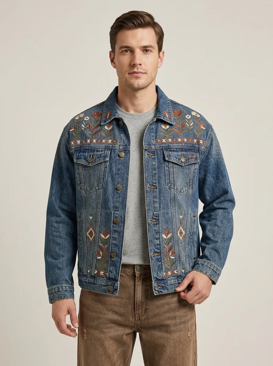 Men's Boho Floral Embroidered Printed Denim Jacket