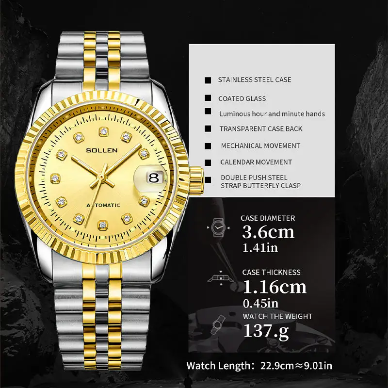 Sollen 9061 Automatic Watch - Men's Classic 36mm Fluted Bezel Cyclops Date 5-Bead Stainless Steel Bracelet Wristwatch