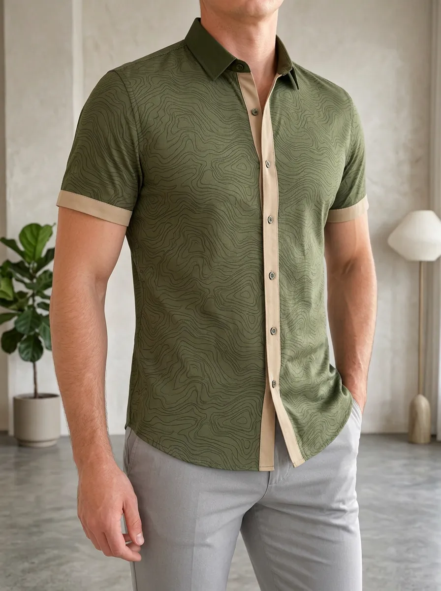 Men's Outdoor Adventure Topographic Map Printed Slim Fit Shirt