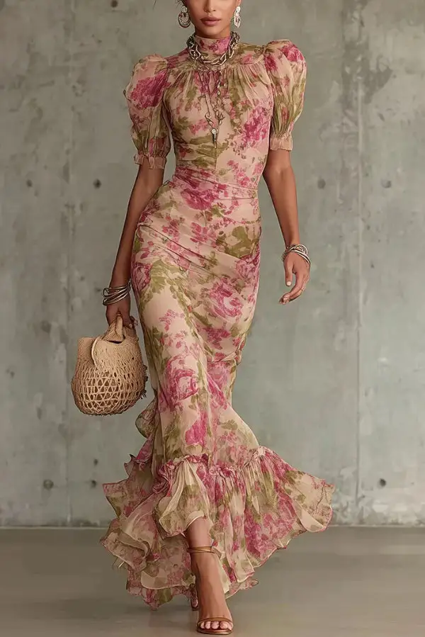 Balanced Romantic Ruffled Ruffle Sleeve And Flowing Maxi Skirt Set