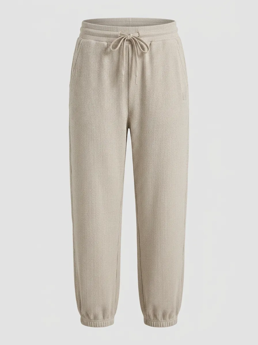 Unisex Casual Beige Waffle Knit Drawstring Jogger Pants for Casual Wear