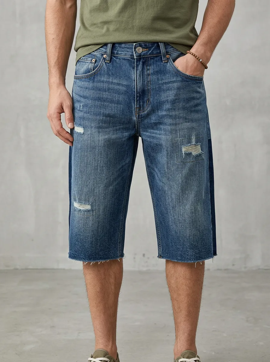 Men's Distressed Raw Hem Denim Shorts