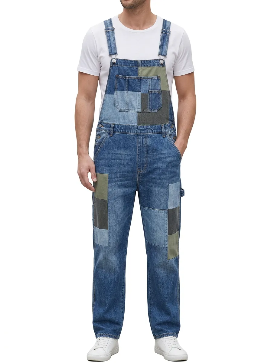 Patchwork Denim Flap Pocket Overalls