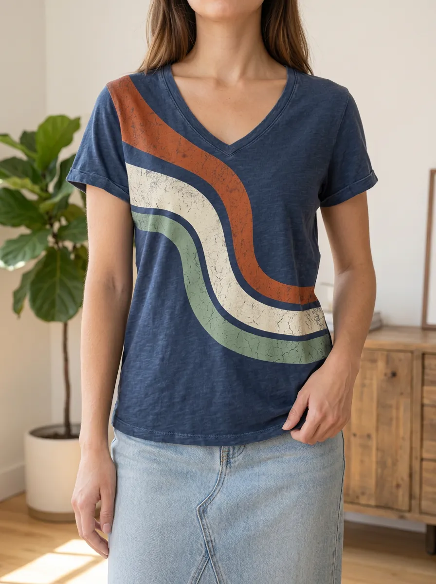 Women's Retro Wavy Stripe Printed V-Neck T-Shirt