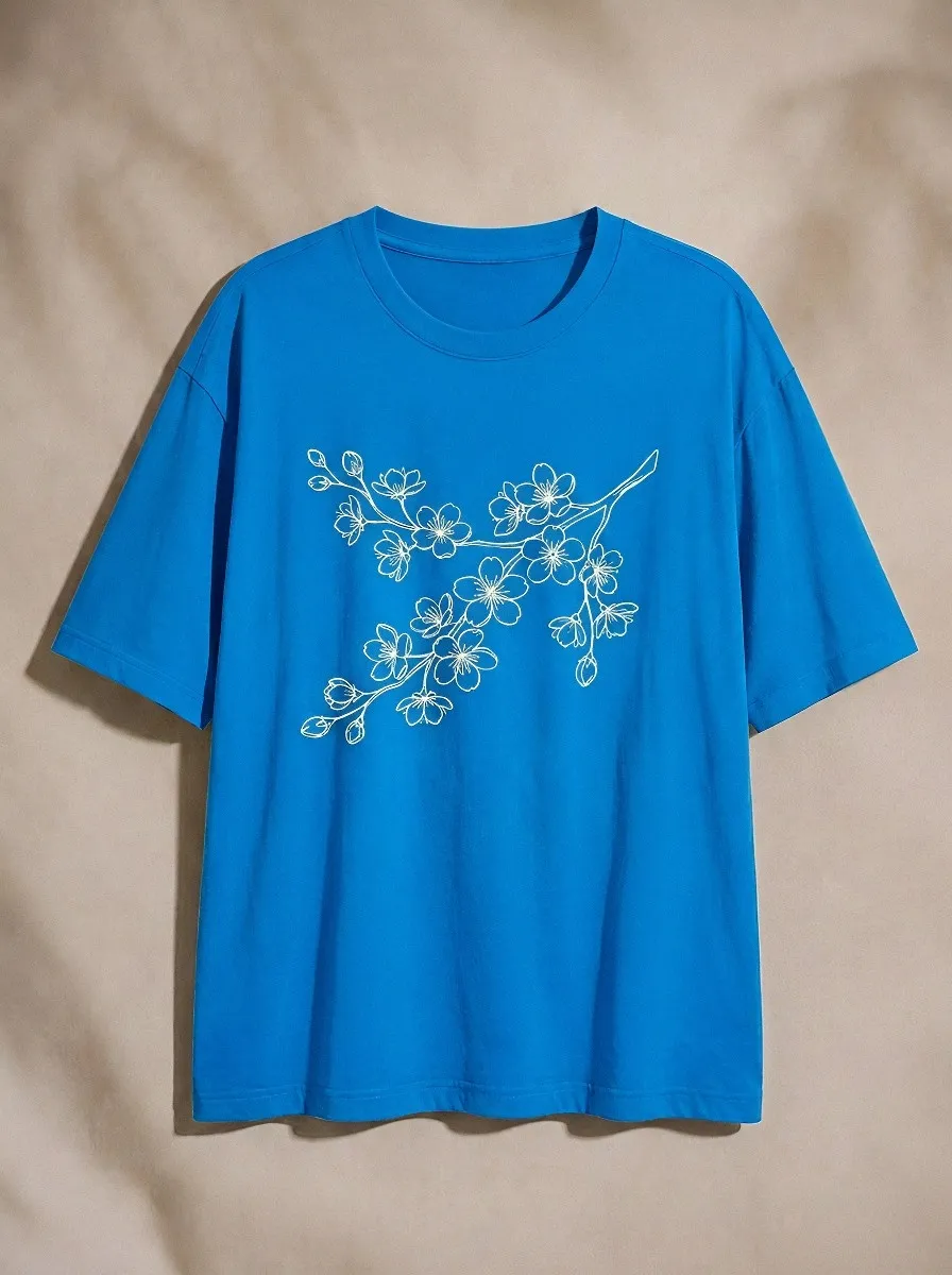 Unisex Nature Lover Cherry Blossom Line Art Printed T-shirt