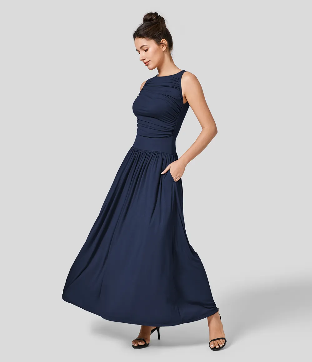 Ribbed Boat Neck Ruched Side Pocket Flowy Maxi Casual Dress