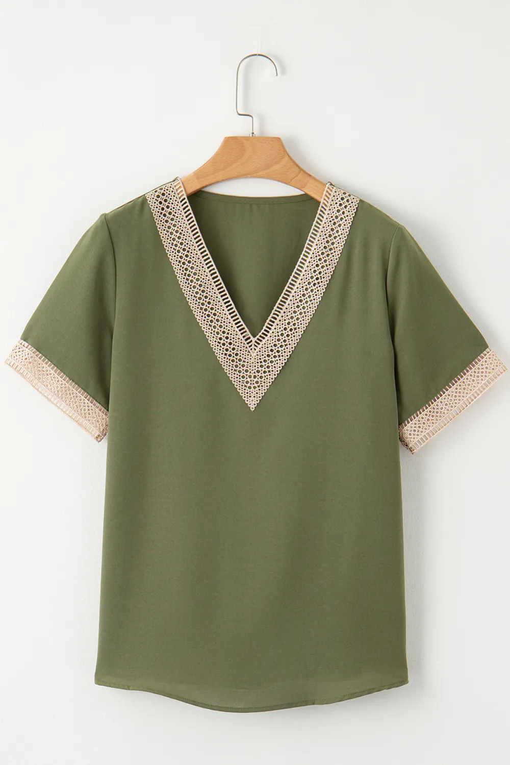 Green Lace Trim V Neck Blouse