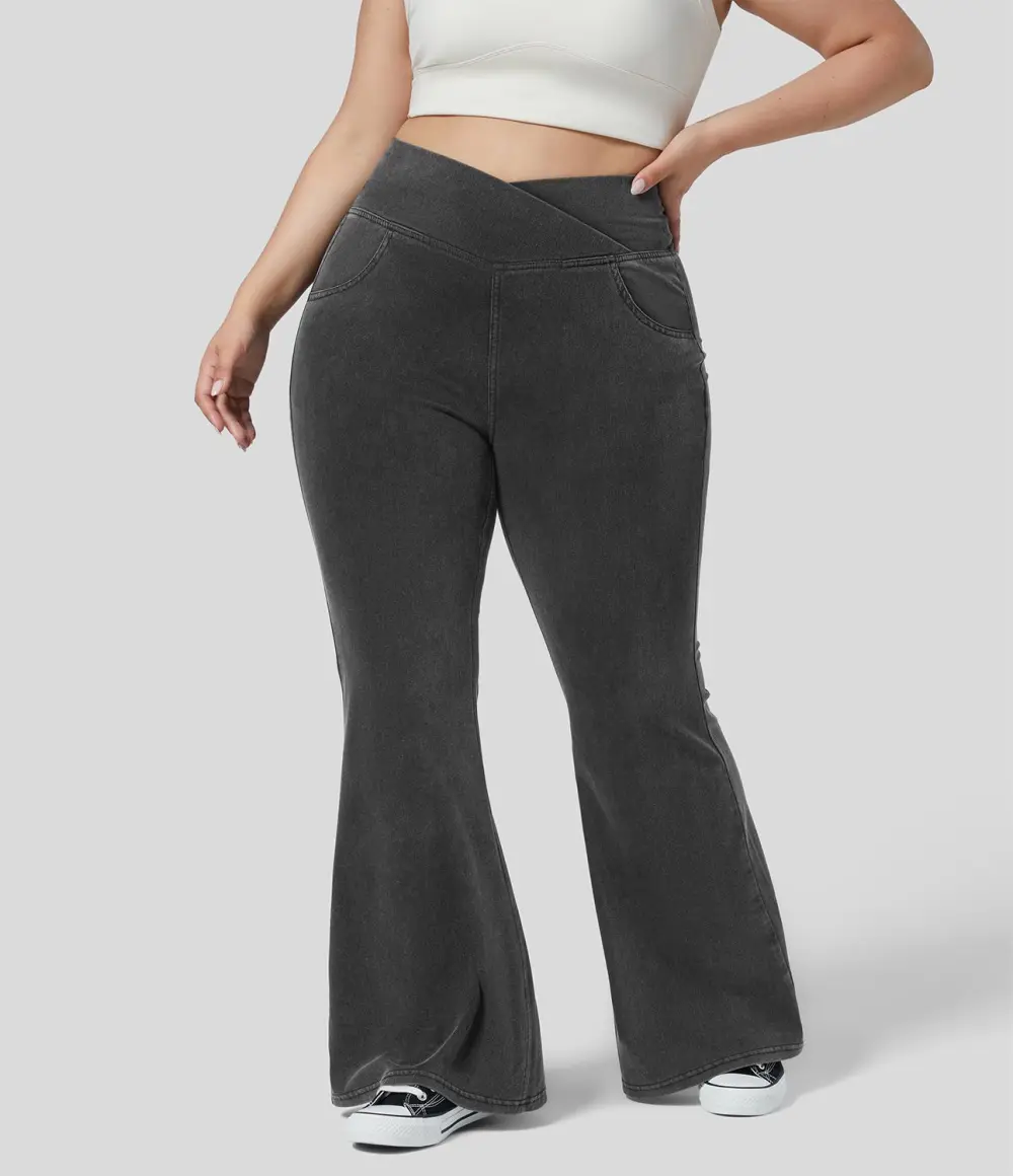 Magic High Waisted Crossover Pocket Cool Touch Breathable Washed Stretchy Knit Plus Size Casual Super Flare Jeans