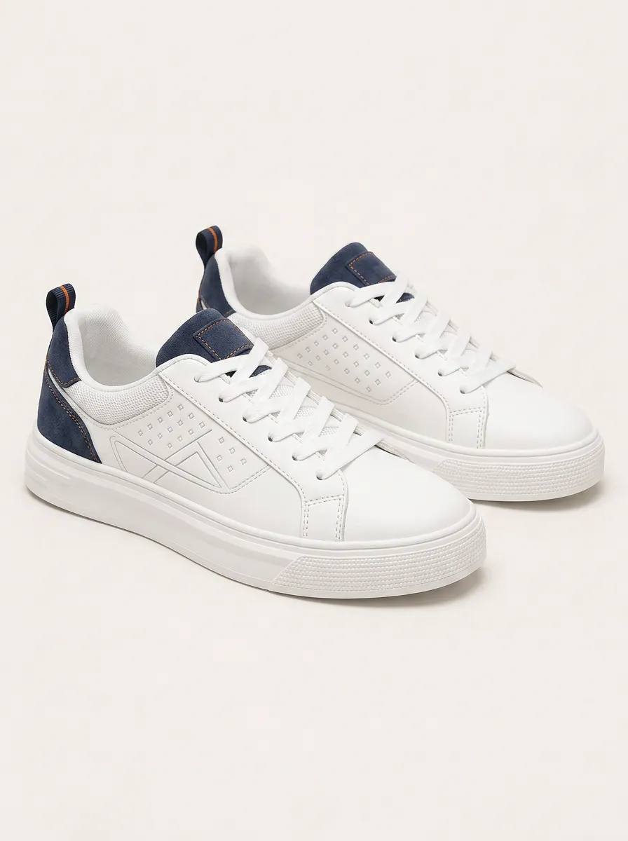 Men's Casual White Navy Suede Trim Printed Sneakers
