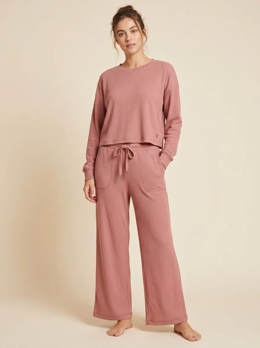 Women's Casual Loungewear Solid Dusty Rose Waffle Knit Lounge Set