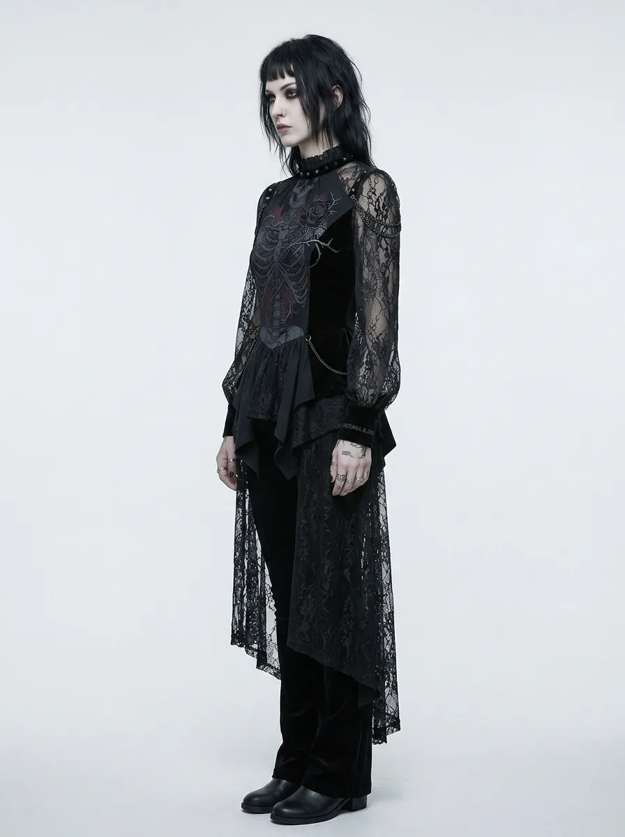 Women's Gothic Skeleton Rose Printed Lace Long Sleeve Top